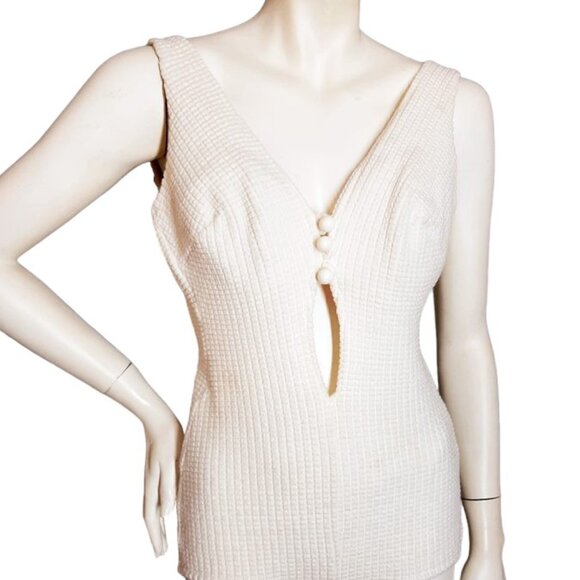 1970s True Vintage White One Piece Knit Swimsuit With A Plunging Open Front - Picture 2 of 13